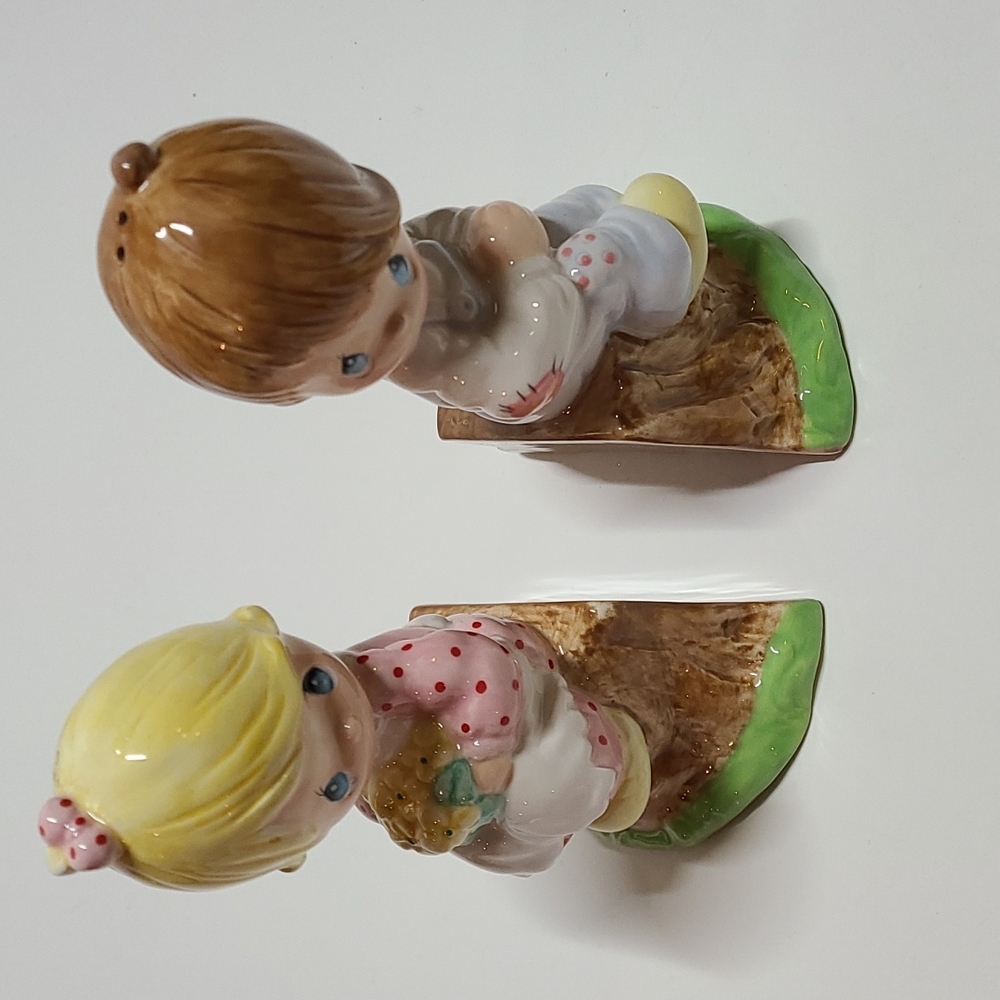 Precious Moments Collectible Salt & Pepper Shakers Ceramic Girl & Boy On A Stump